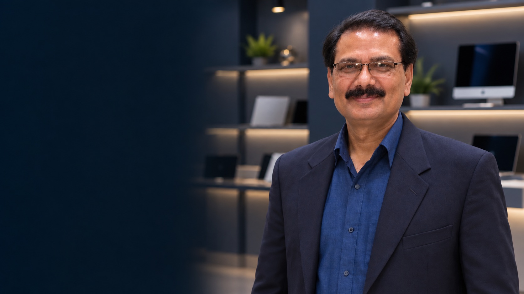 Portrait of Satish Saini, founder of Computer Care, composited into an illustrative showroom