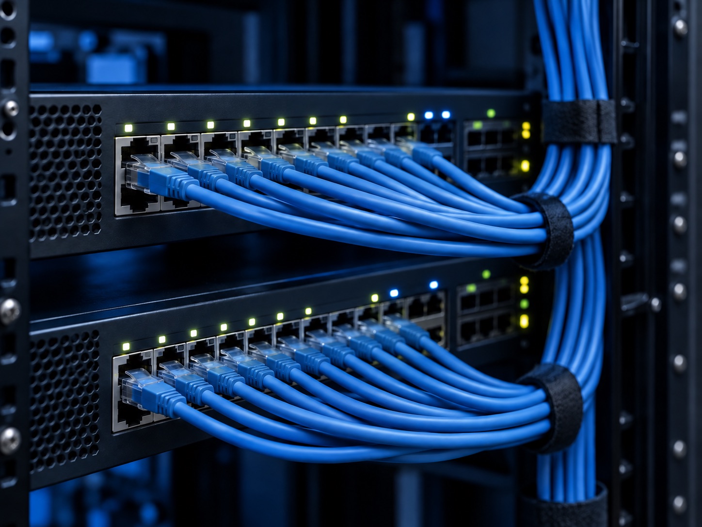 Network switches and patch cables. Illustrative image.