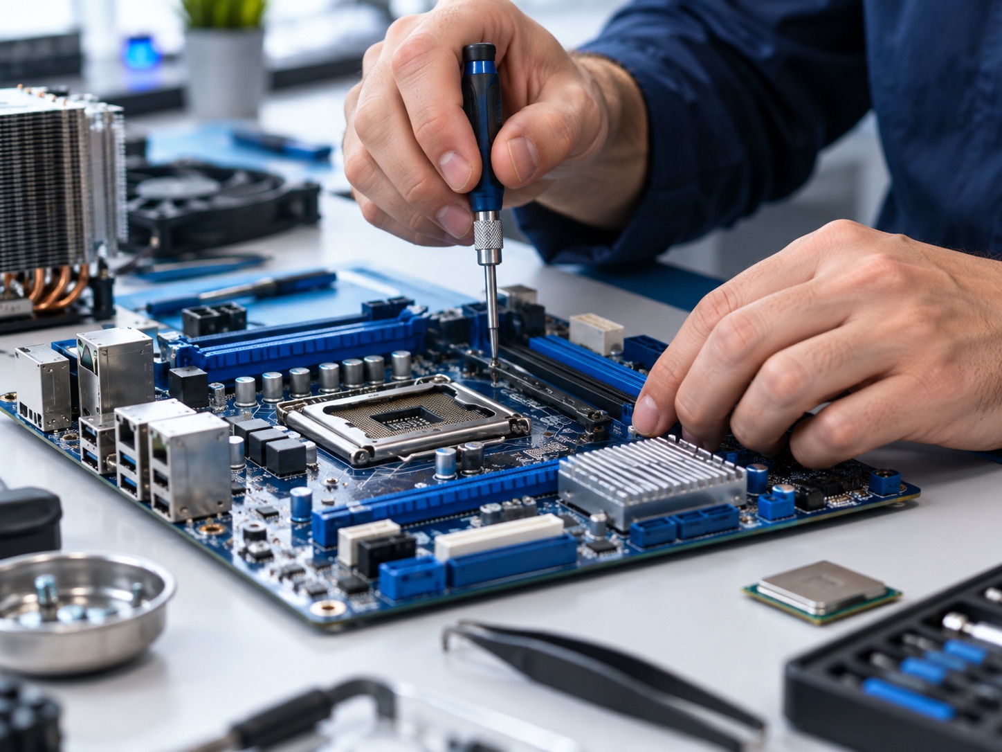 Hands carefully working on a computer motherboard. Illustrative image.