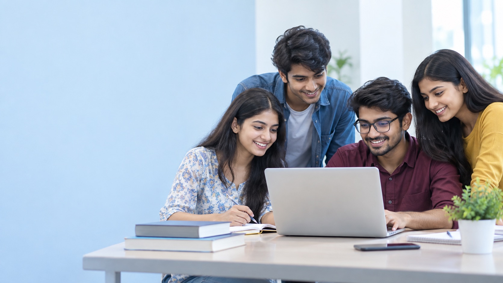 Illustrative scene of university students working together on a laptop