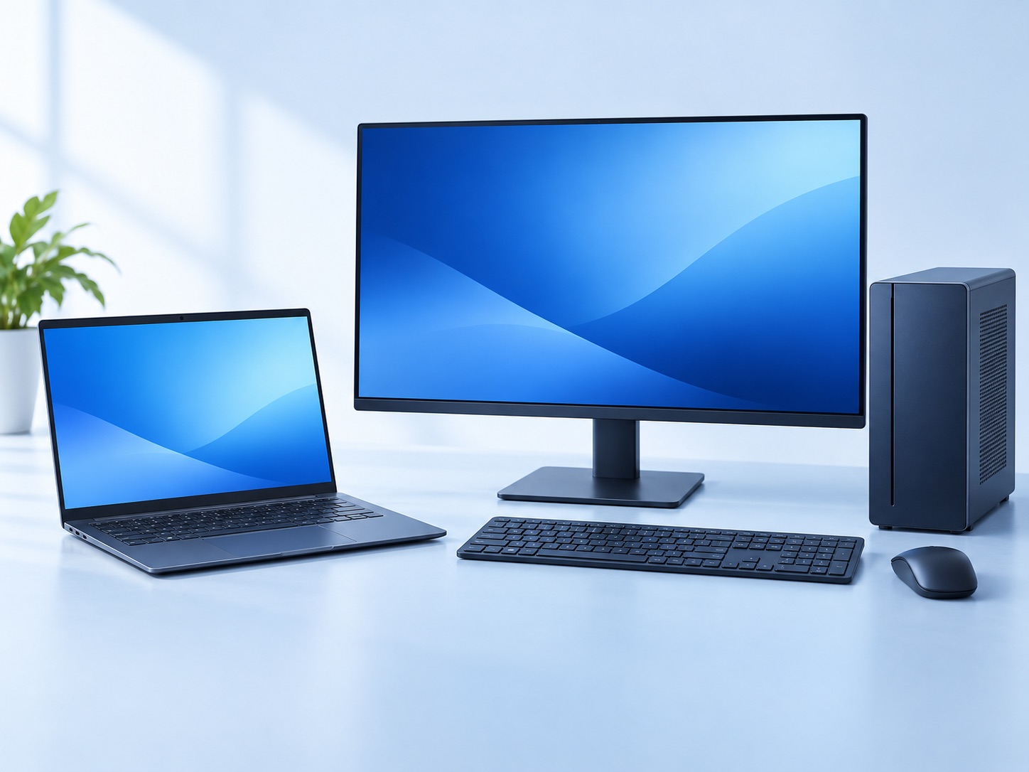 Laptop and desktop workstation. Illustrative image.